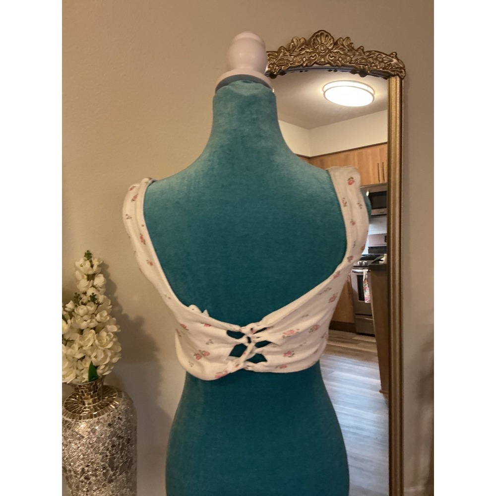 Floral Square Neck Corset Style Crop Top White Pink Rosebud Cottagecore Shirt - Picture 8 of 8